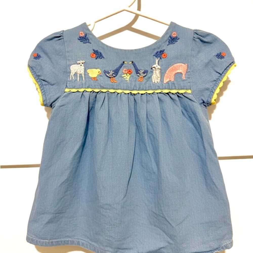 Baby Boden Blue Dress with Embroidered Farm Animals